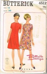 4511 BUTTERICK 1967 SHORT SLEEVE A-LINE BACK BUTTON DRESS PATTERN 16 38 UNCUT